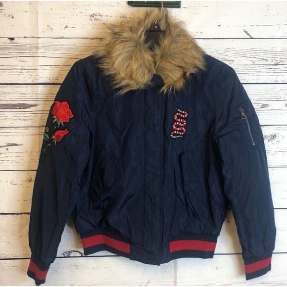 Ultim8 Navy faux fur collar Snake And rose appliqué bomber Jacket Juniors Sz L - Picture 3 of 7